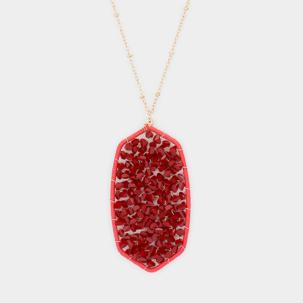 Madeline Love Red Beaded Raffia Wrapped Hexagon Pendant Long Necklace - Necklaces