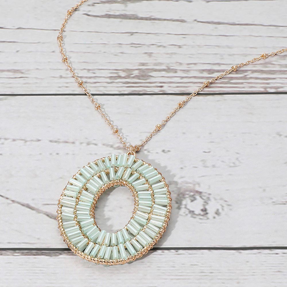 Madeline Love Gold, Mint Cylinder Beaded Oval Ring Pendant Long Necklace - Necklaces