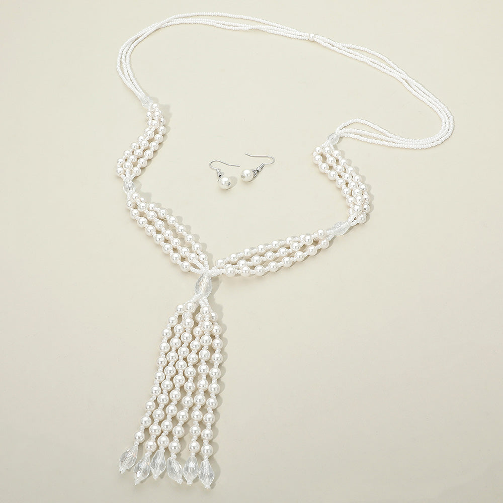 Madeline Love White Pearl Beaded Tassel Long Necklace - Necklaces