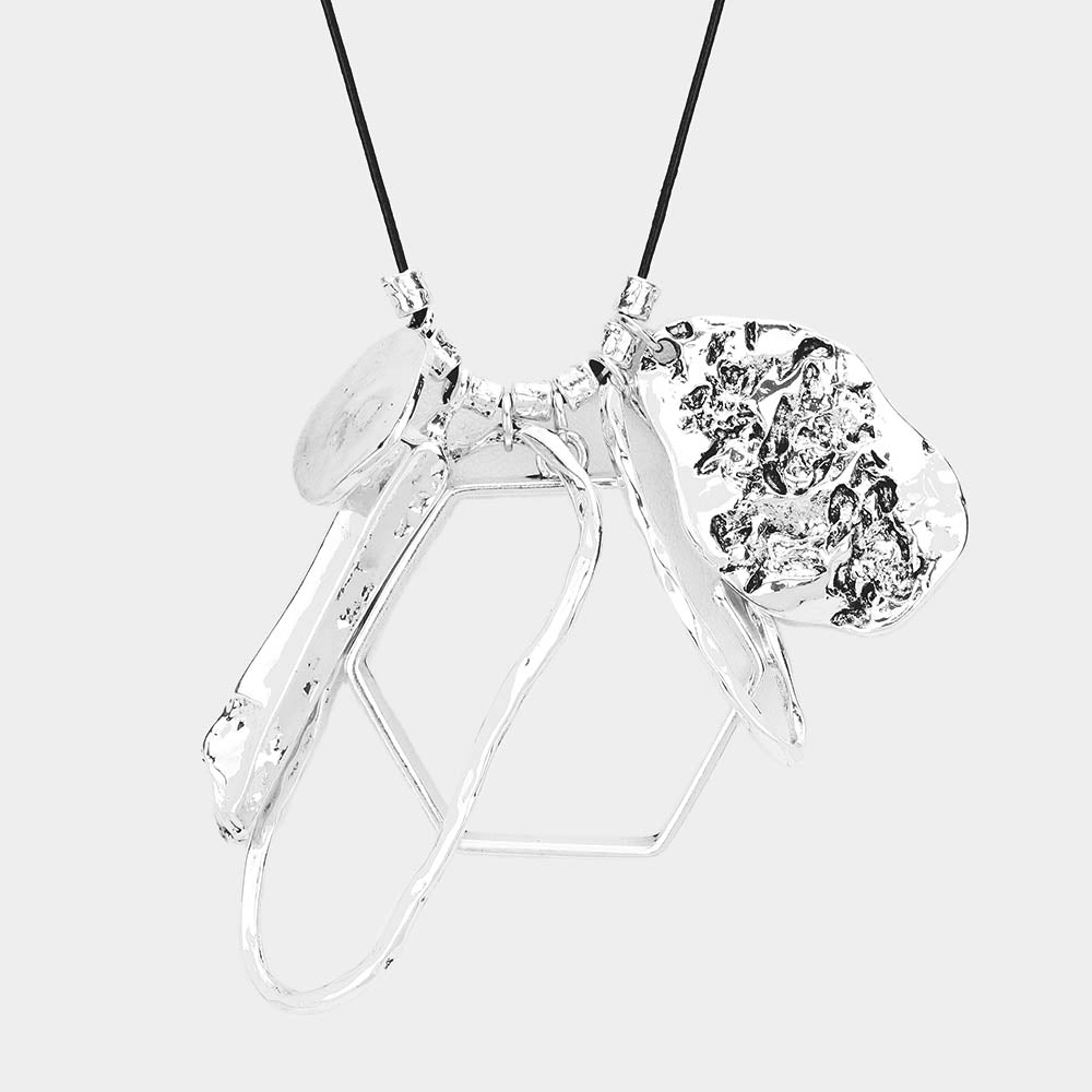 Madeline Love Black, Worn Silver Hammered Metal Multi Pendant Long Necklace - Necklaces