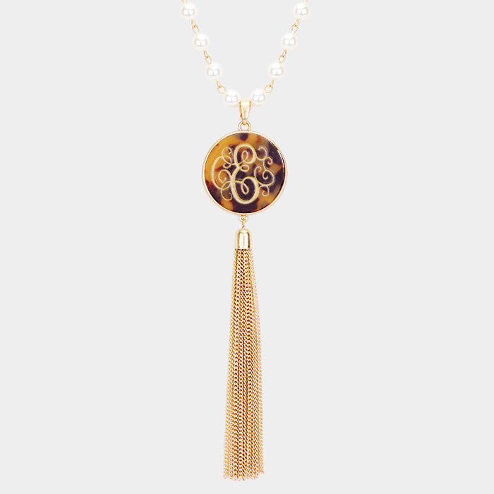 Madeline Love Worn Gold -E- Initial Monogram Pearl Metal Tassel Necklace - Necklaces