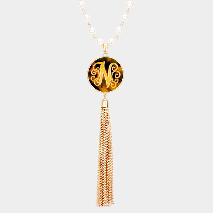 Madeline Love Brown, Worn Gold -N- Initial Monogram Pearl Metal Tassel Necklace - Necklaces