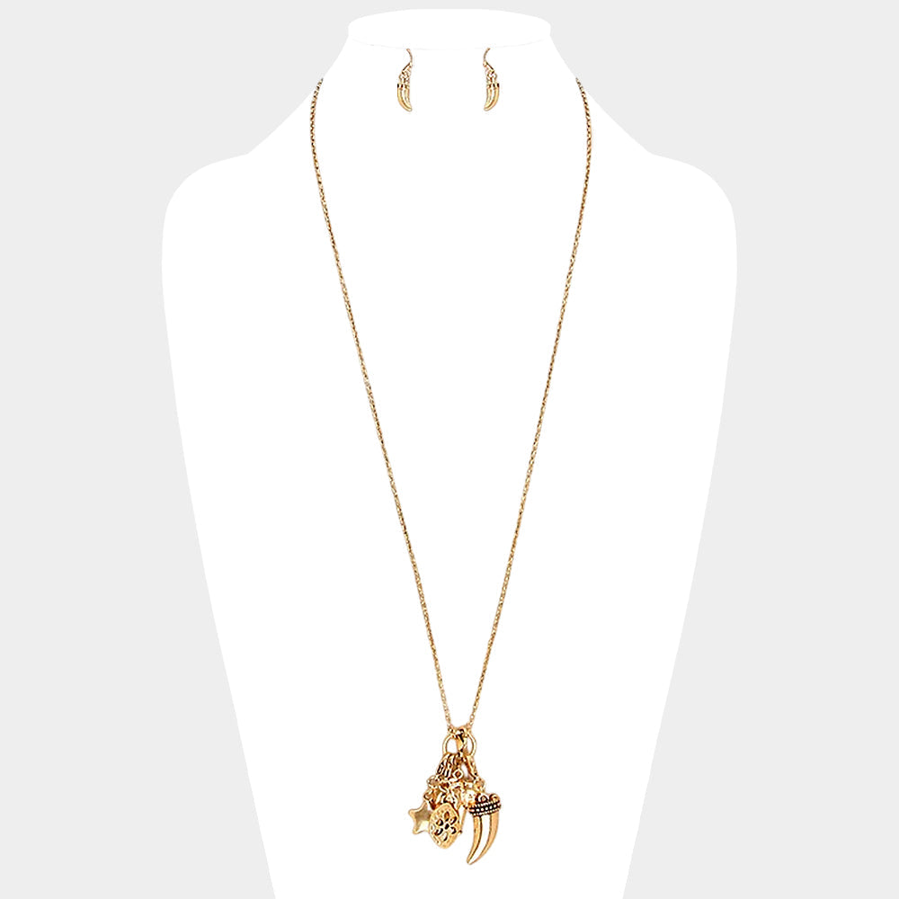 Madeline Love Matte gold Metal elephant & horn multi-charm long necklace - Necklaces