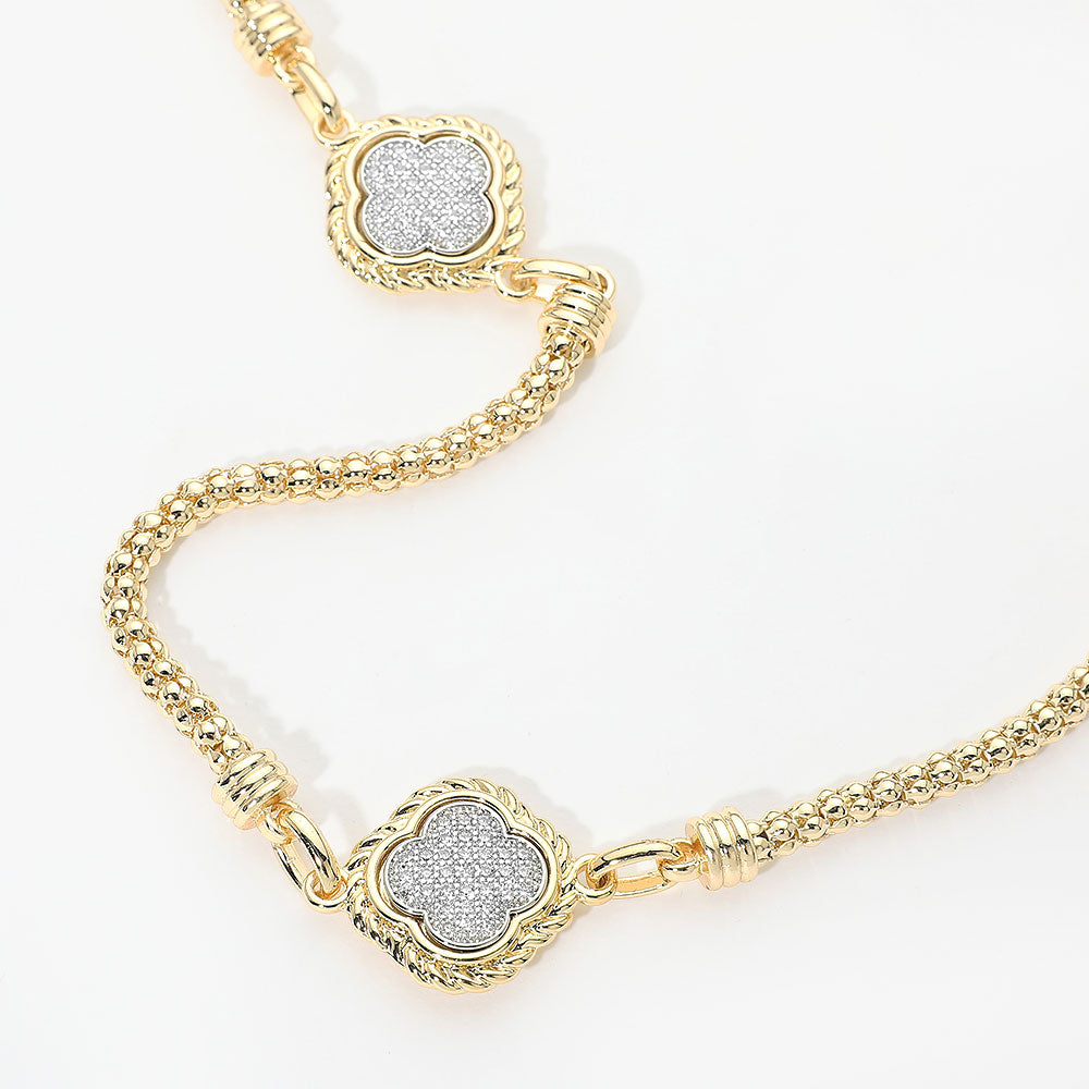 Madeline Love Gold 14K Gold Plated CZ Pave Quatrefoil Charm Station Long Necklace