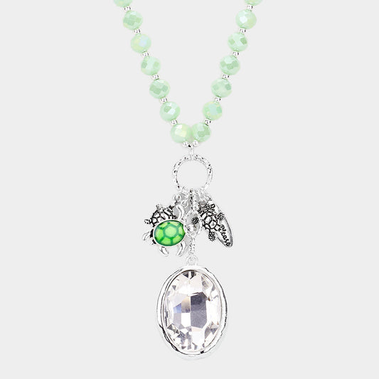 Mint Wood Faceted Beaded Turtle Oval Stone Pendant Necklace