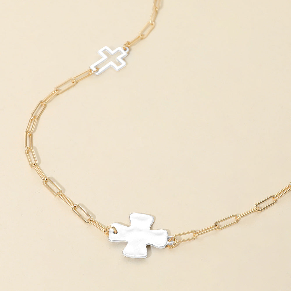 Madeline Love Gold, Silver Hammered Metal Cross Charm Station Paperclip Chain Long Necklace - Necklaces
