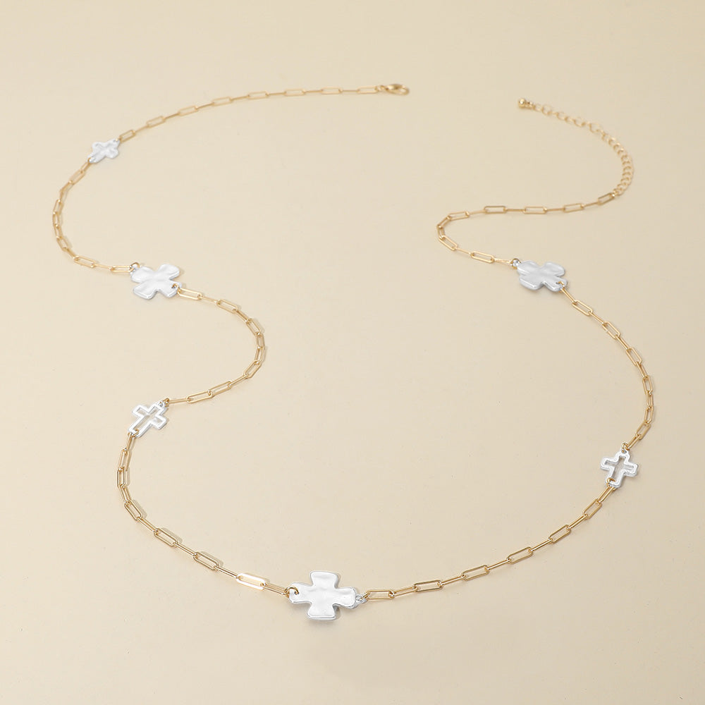 Madeline Love Gold, Silver Hammered Metal Cross Charm Station Paperclip Chain Long Necklace - Necklaces - desc