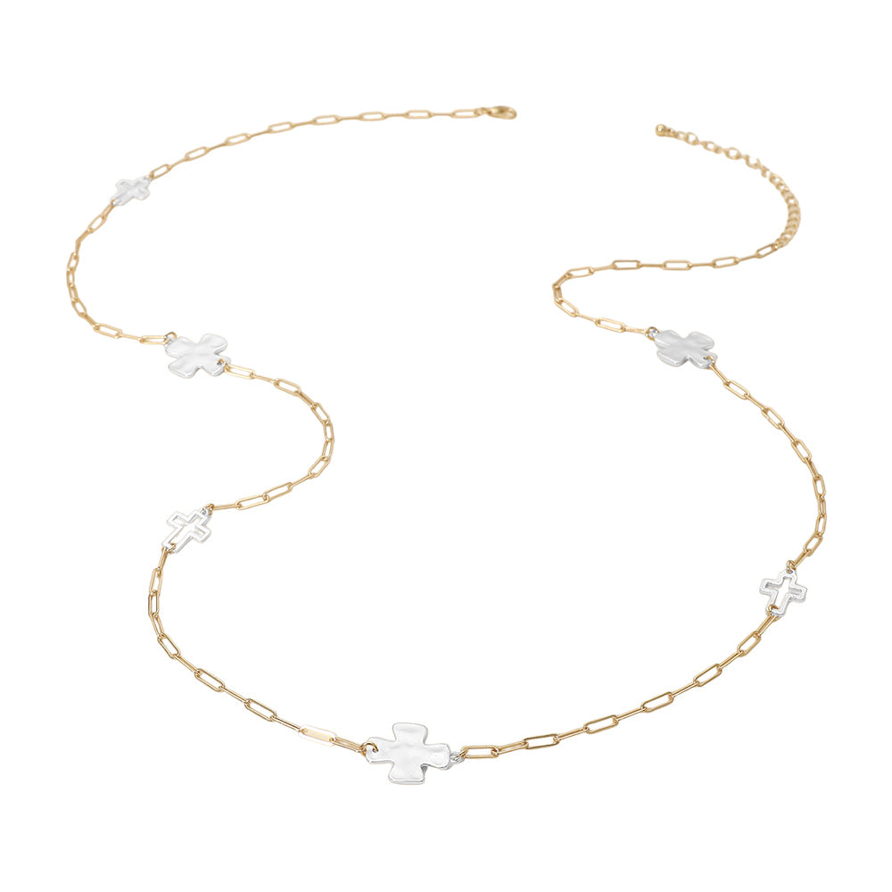 Madeline Love Gold, Silver Hammered Metal Cross Charm Station Paperclip Chain Long Necklace - Necklaces - extra