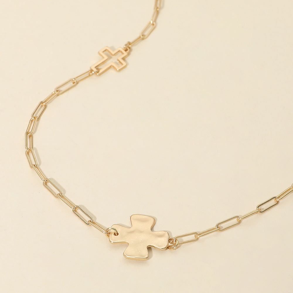 Madeline Love Gold Hammered Metal Cross Charm Station Paperclip Chain Long Necklace - Necklaces