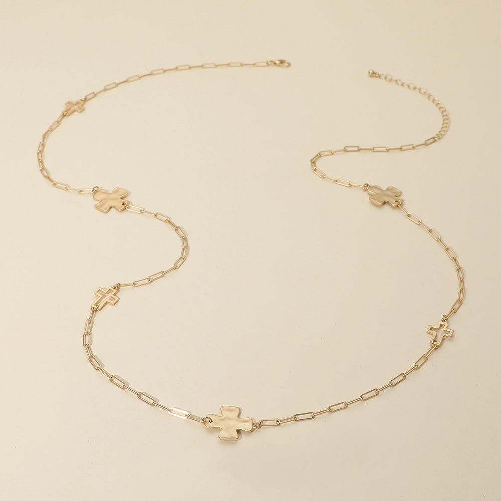 Madeline Love Gold Hammered Metal Cross Charm Station Paperclip Chain Long Necklace - Necklaces - desc