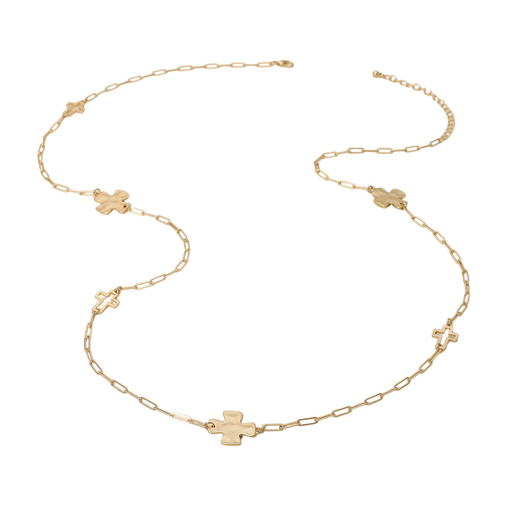 Madeline Love Gold Hammered Metal Cross Charm Station Paperclip Chain Long Necklace - Necklaces - extra