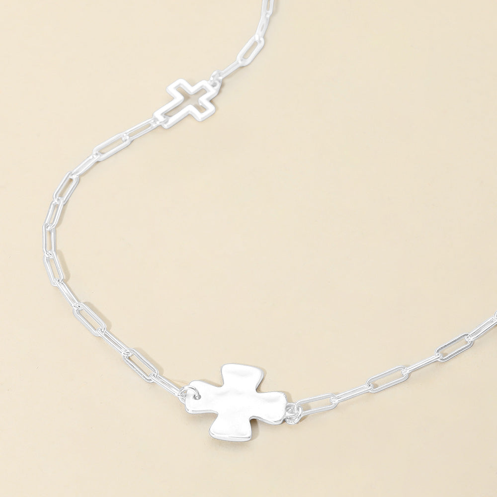 Madeline Love Silver Hammered Metal Cross Charm Station Paperclip Chain Long Necklace - Necklaces