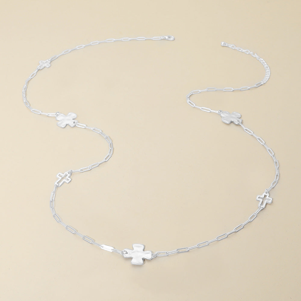 Madeline Love Silver Hammered Metal Cross Charm Station Paperclip Chain Long Necklace - Necklaces - desc