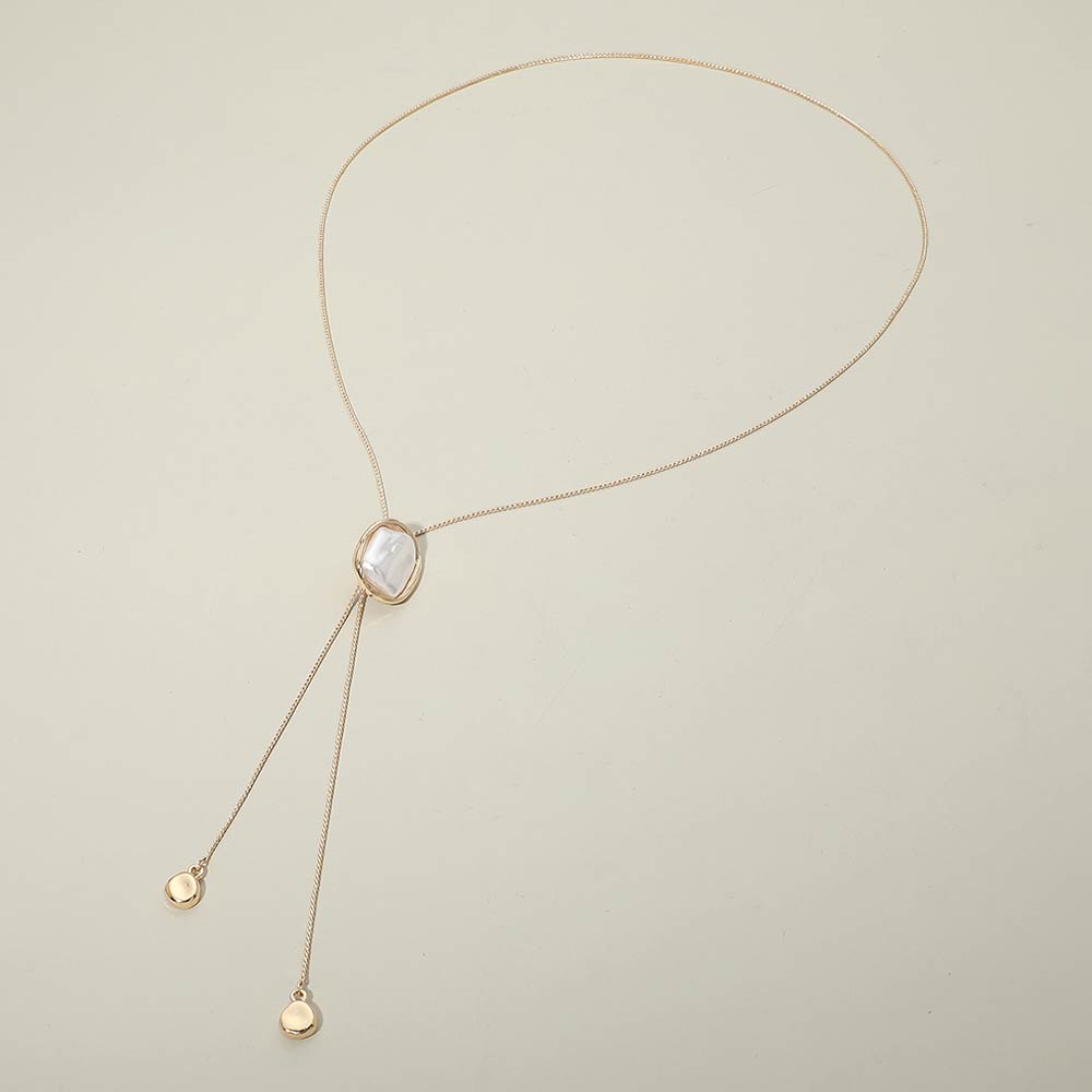 Madeline Love Cream, Gold Baroque Pearl Frame Accent Adjustable Bolo Tie Long Necklace - Necklaces