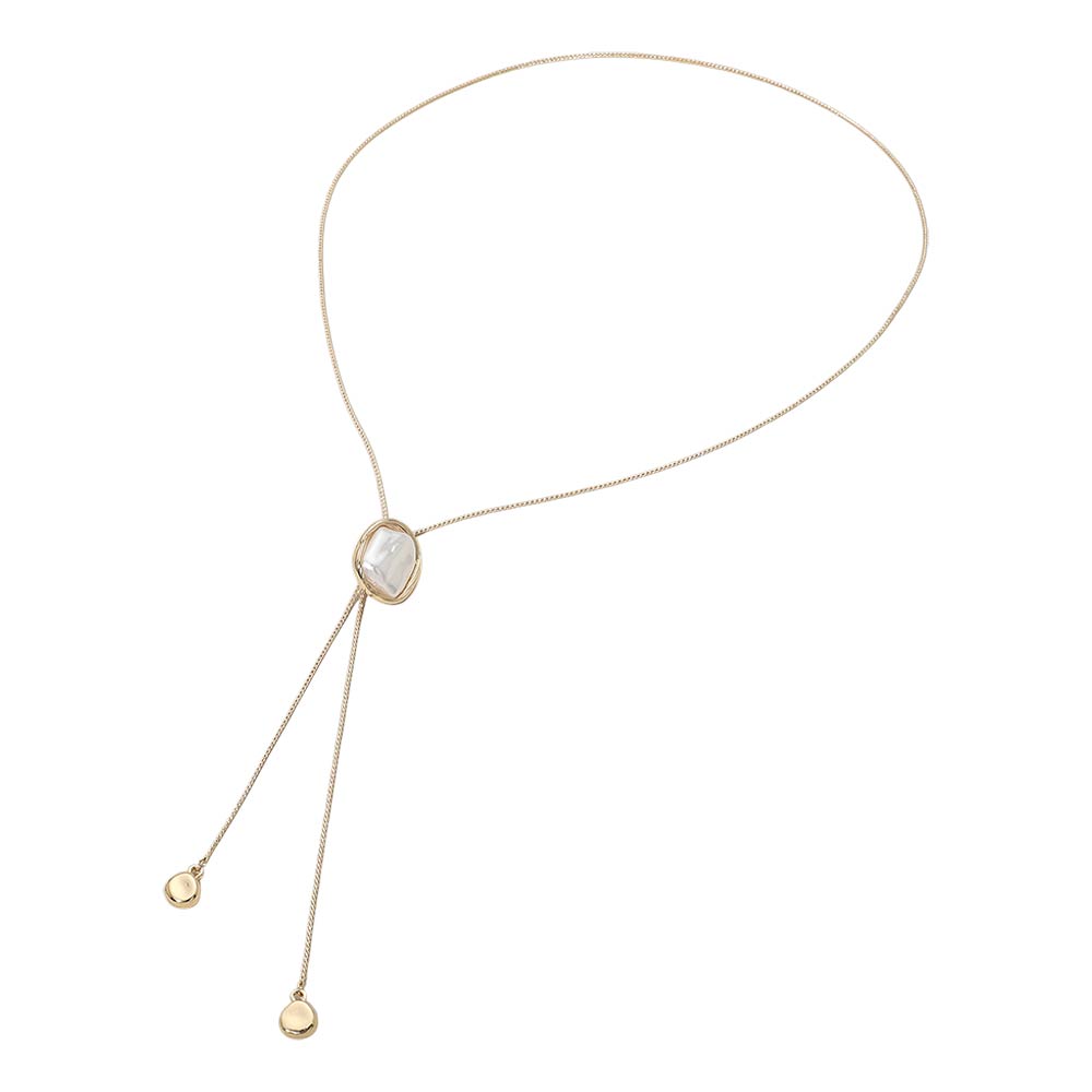 Madeline Love Cream, Gold Baroque Pearl Frame Accent Adjustable Bolo Tie Long Necklace - Necklaces - desc