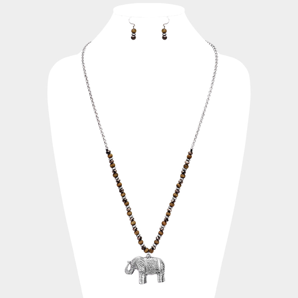 Madeline Love Silver Burnished Burnished Metal Elephant Pendant Beaded Long Necklace - Necklaces