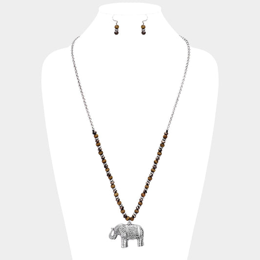 Madeline Love Silver Burnished Burnished Metal Elephant Pendant Beaded Long Necklace - Necklaces
