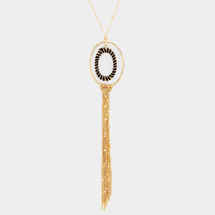Madeline Love Black, Gold Thread Wrapped Oval Hoop Long Drop Chain Tassel Necklace