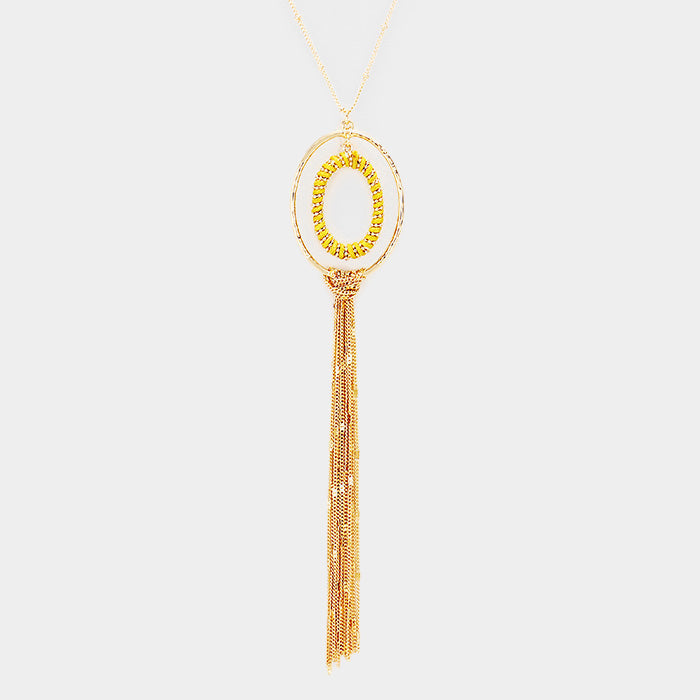 Madeline Love Gold Thread Wrapped Oval Hoop Long Drop Chain Tassel Necklace