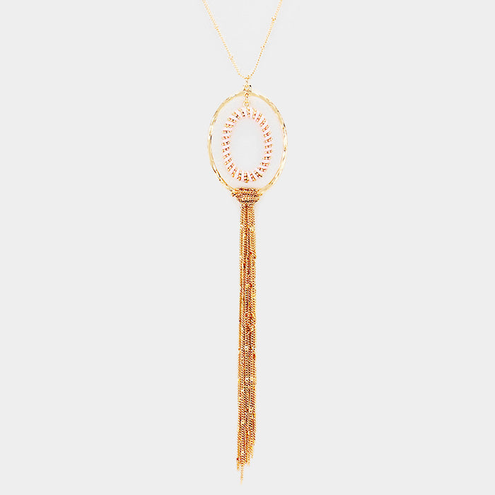 Madeline Love Gold, Pink Thread Wrapped Oval Hoop Long Drop Chain Tassel Necklace