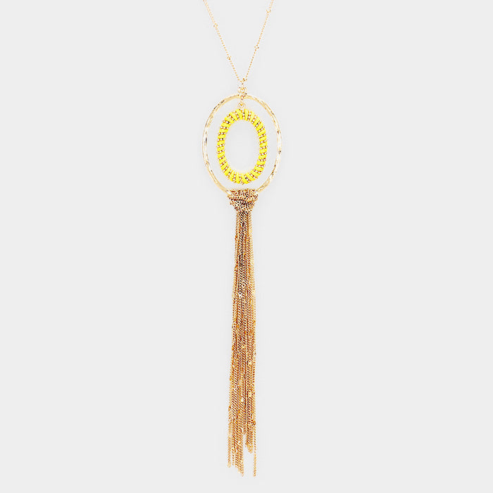 Madeline Love Gold, Yellow Thread Wrapped Oval Hoop Long Drop Chain Tassel Necklace