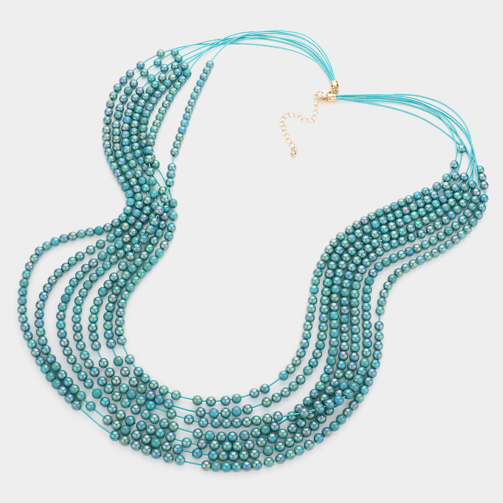 Madeline Love Turquoise Hologram Beaded Multi Layered Long Necklace - Necklaces - desc