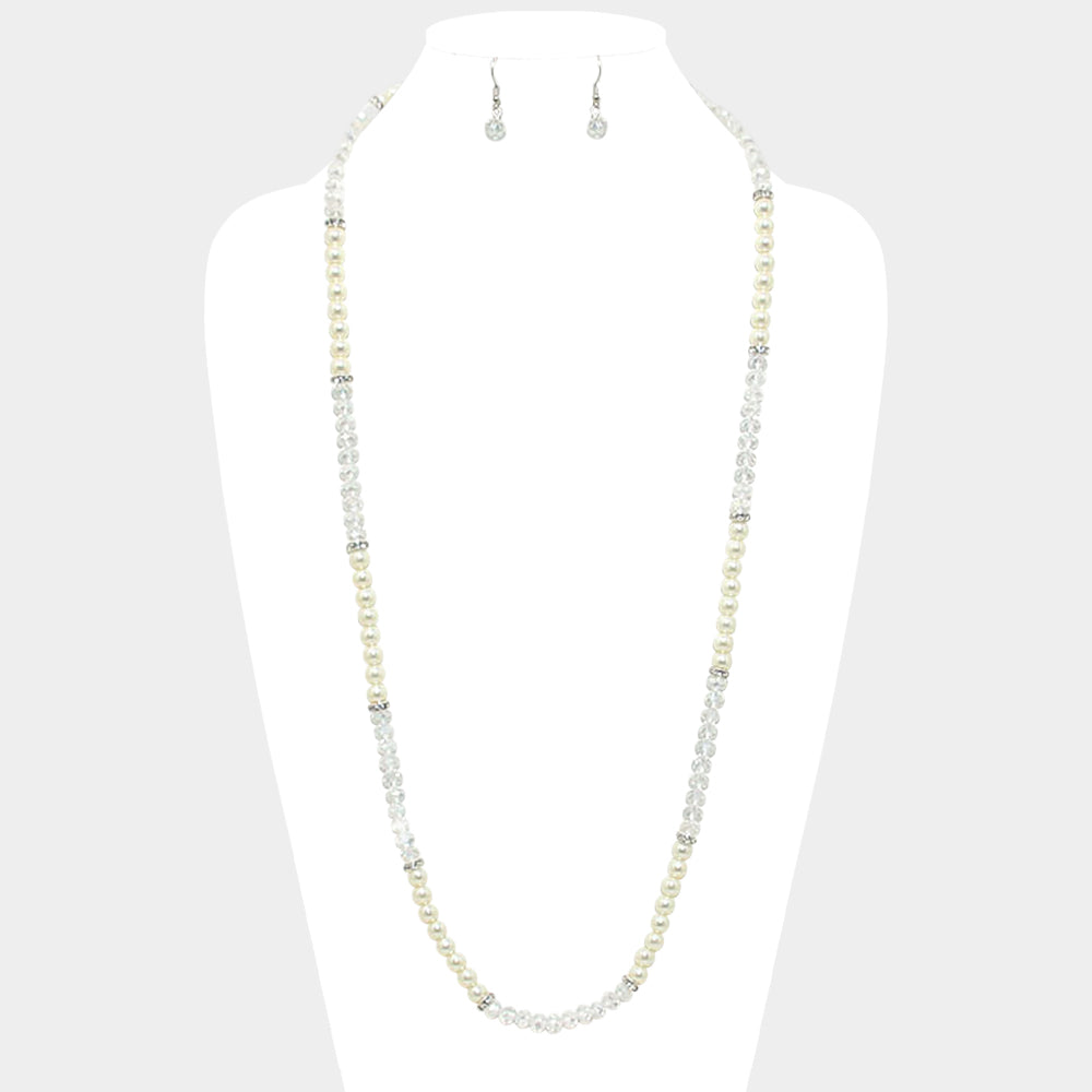 Madeline Love Cream, Clear Metallic Bead & Pearl Long Necklace - Necklaces