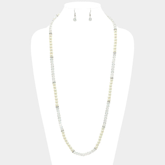 Madeline Love Cream, Clear Metallic Bead & Pearl Long Necklace - Necklaces