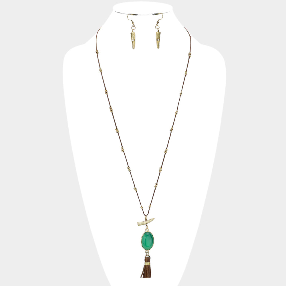 Madeline Love Green Oval Stone with Faux Leather Tassel Long Necklace - Necklaces