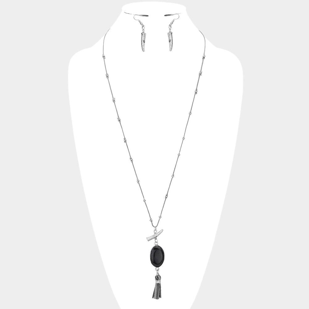 Madeline Love Dark Brown Oval Stone with Faux Leather Tassel Long Necklace - Necklaces
