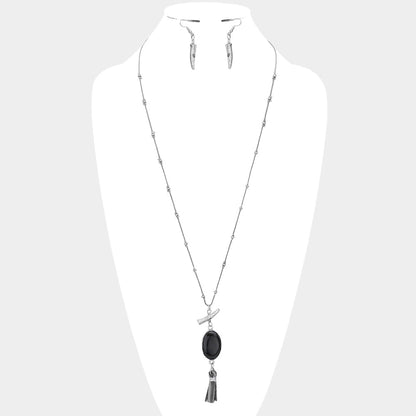 Madeline Love Dark Brown Oval Stone with Faux Leather Tassel Long Necklace - Necklaces