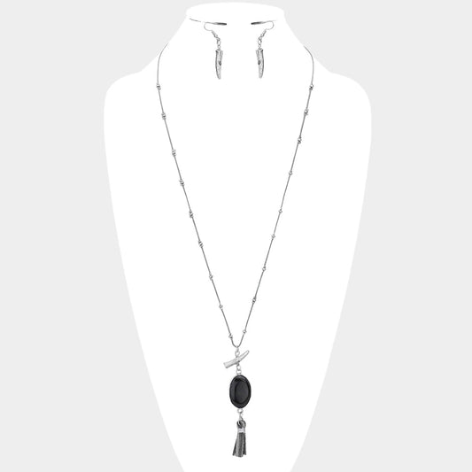 Madeline Love Dark Brown Oval Stone with Faux Leather Tassel Long Necklace - Necklaces