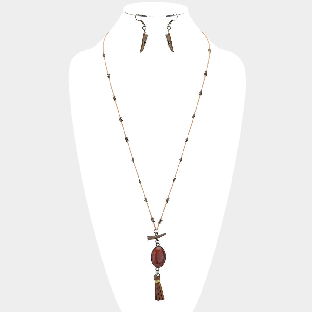 Madeline Love Orange Oval Stone with Faux Leather Tassel Long Necklace - Necklaces