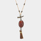 Madeline Love Orange Oval Stone with Faux Leather Tassel Long Necklace - Necklaces - desc