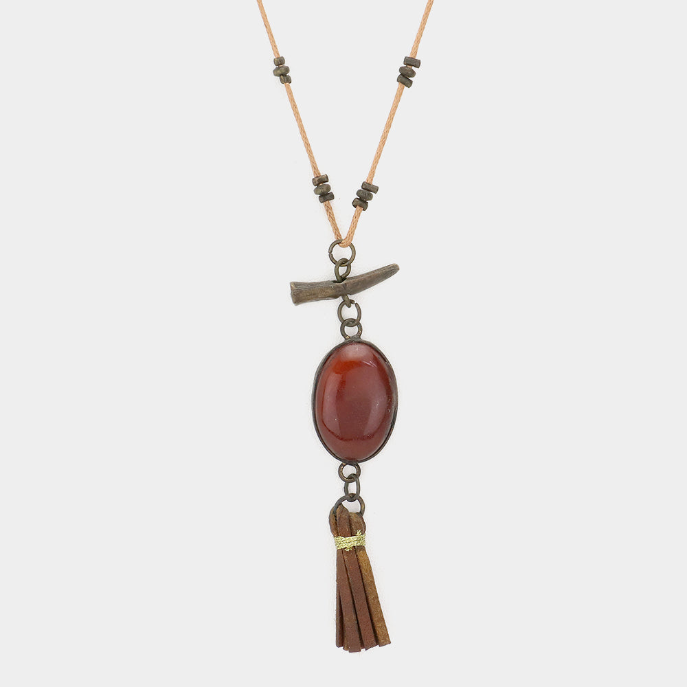 Madeline Love Orange Oval Stone with Faux Leather Tassel Long Necklace - Necklaces - desc