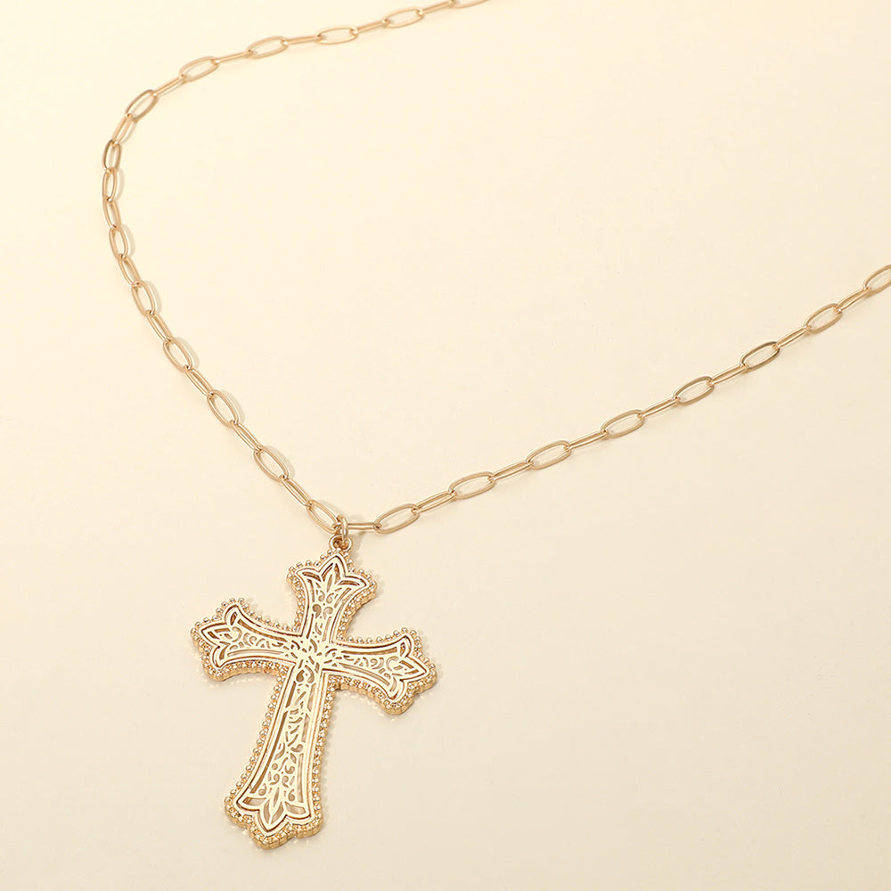 Madeline Love Worn Gold Metal Filigree Cross Pendant Long Necklace - Necklaces