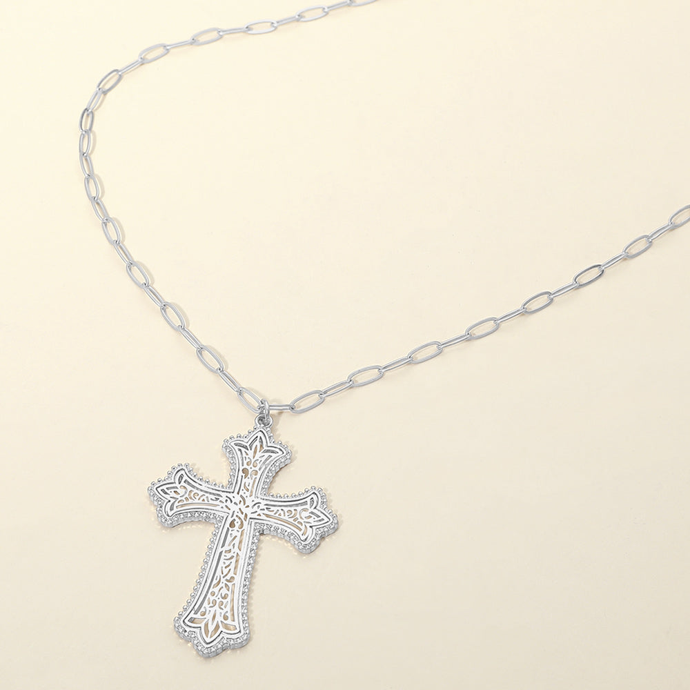 Madeline Love Worn Silver Metal Filigree Cross Pendant Long Necklace - Necklaces
