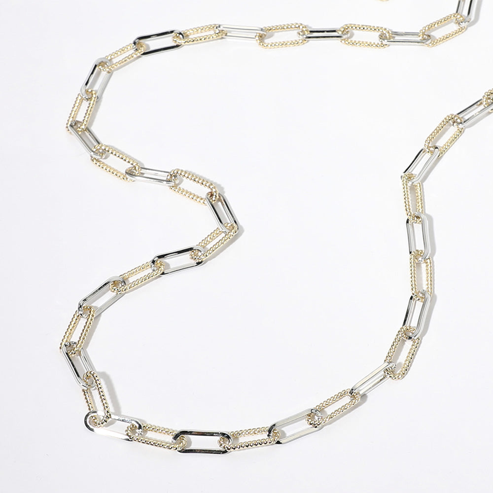 Gold, Silver, Two Tone 14K Gold Plated Two Tone Textured Paperclip Chain Long Necklace