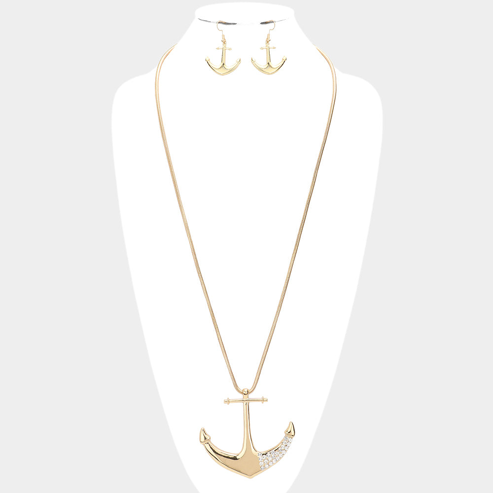 Gold Rhinestone Embellished Metal Anchor Pendant Long Necklace