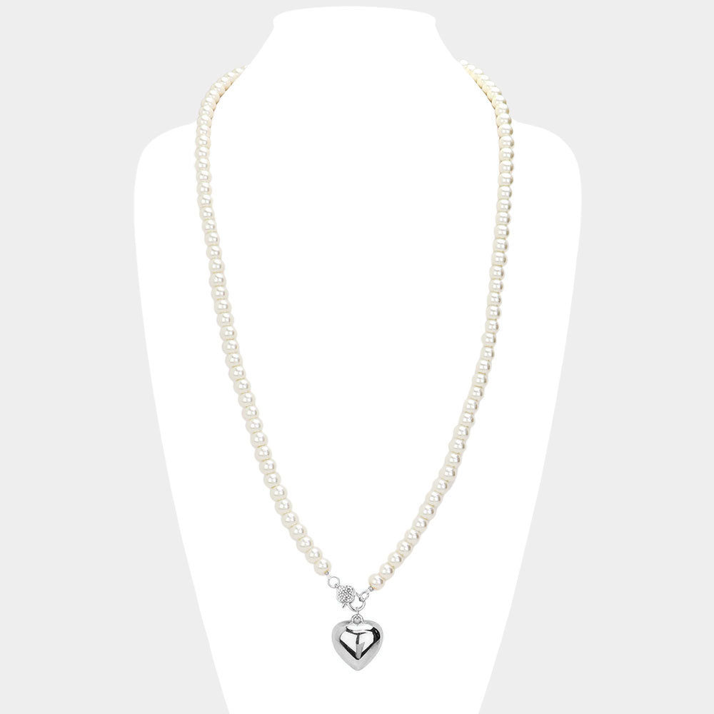 Metal Heart Pendant Pearl Long Necklace