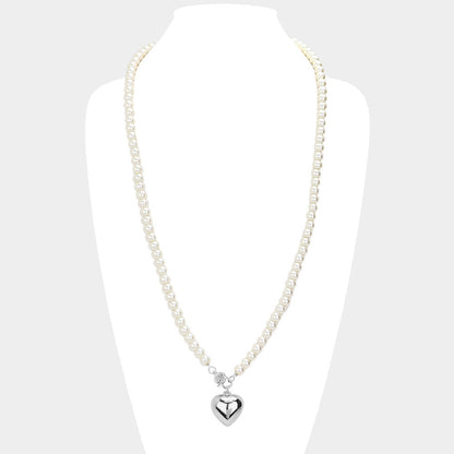 Metal Heart Pendant Pearl Long Necklace