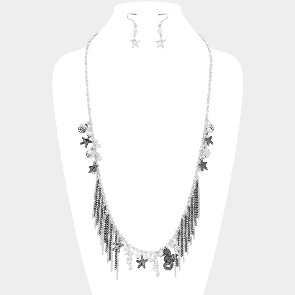 Hematite, Silver, White Seahorse & Starfish Fringe Long Necklace