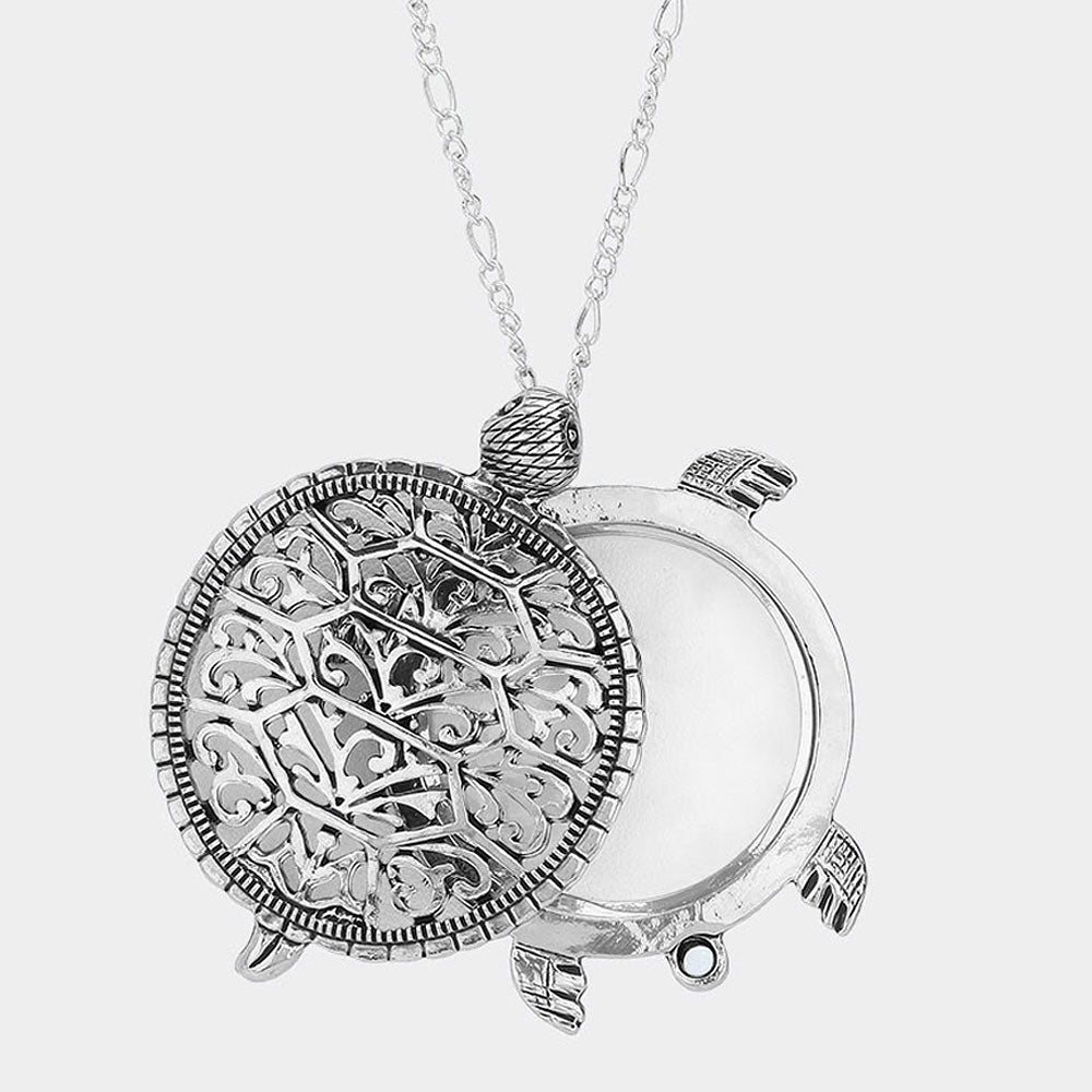 Madeline Love Rhodium 2-Layers Turtle Pendant with Glass Disc Necklace - Necklaces