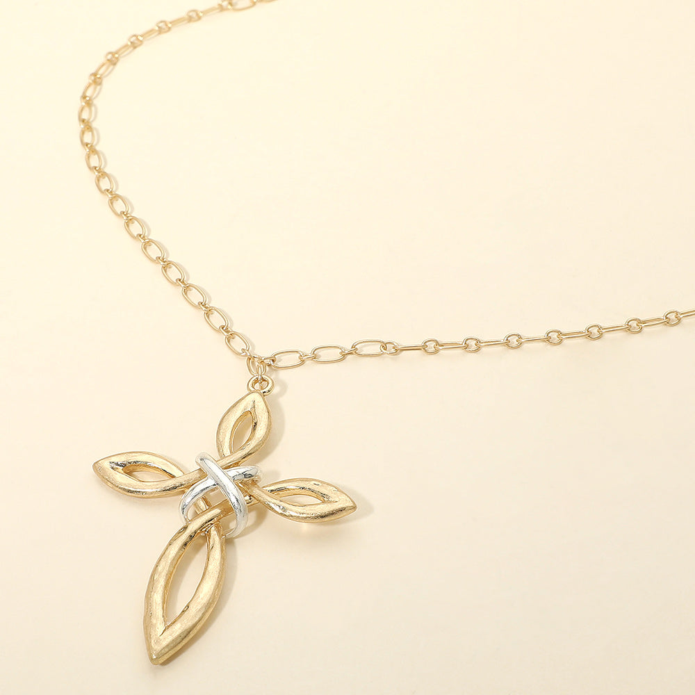 Madeline Love Two Tone, Worn Gold Two Tone Interwoven Cross Pendant Long Necklace - Necklaces