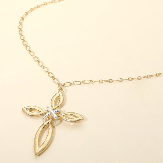 Madeline Love Two Tone, Worn Gold Two Tone Interwoven Cross Pendant Long Necklace - Necklaces