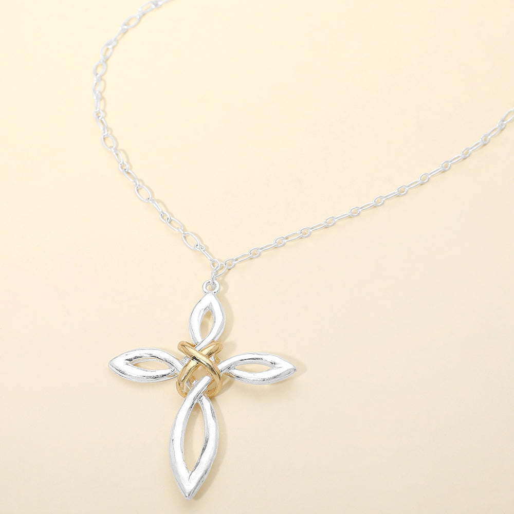 Madeline Love Two Tone, Worn Silver Two Tone Interwoven Cross Pendant Long Necklace - Necklaces