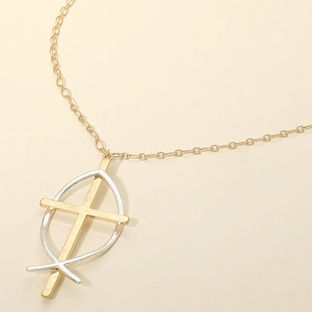 Madeline Love Two Tone, Worn Gold Two Tone Metal Cross Fish Symbol Pendant Long Necklace - Necklaces