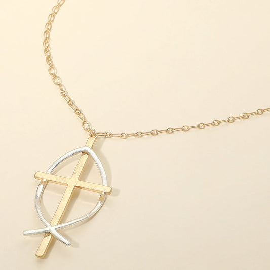 Madeline Love Two Tone, Worn Gold Two Tone Metal Cross Fish Symbol Pendant Long Necklace - Necklaces