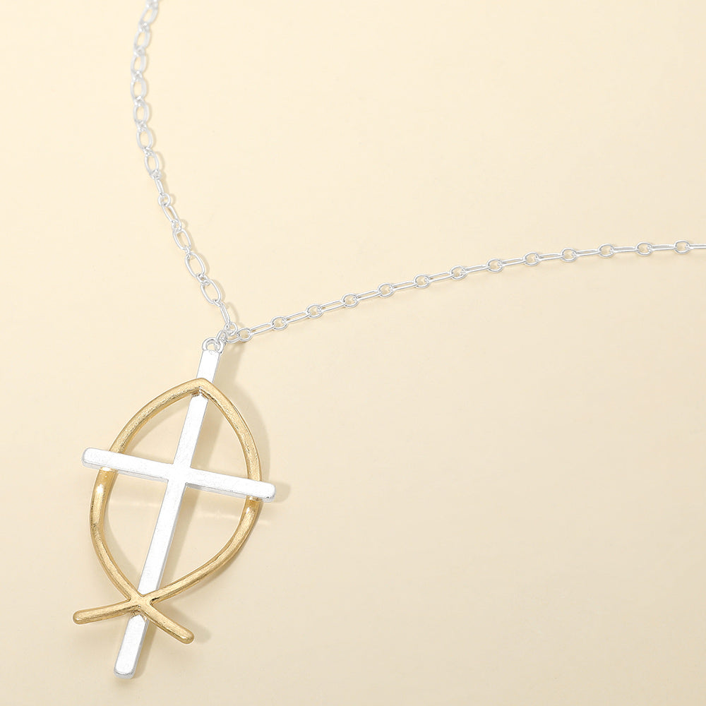 Madeline Love Two Tone, Worn Silver Two Tone Metal Cross Fish Symbol Pendant Long Necklace - Necklaces