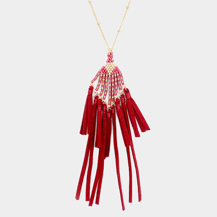 Madeline Love Burgundy, Gold Bead Suede Tassel Pendant Necklace - Necklaces